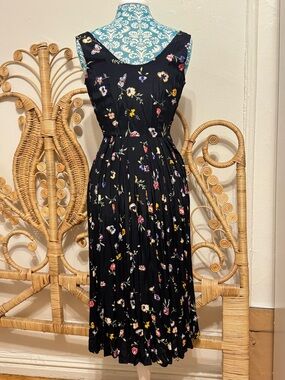 Vintage 90s Black Sleeveless Floral & Butterfly Print Button Dress by Together!